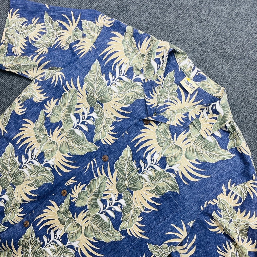 Royal Creations Hawaiian Shirt Large Blue Tropical Leaf Print Made in Hawaii Y2K